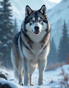 Husky o przenikliwych niebieskich oczach, stojący wśród gór i śnieżnego krajobrazu.